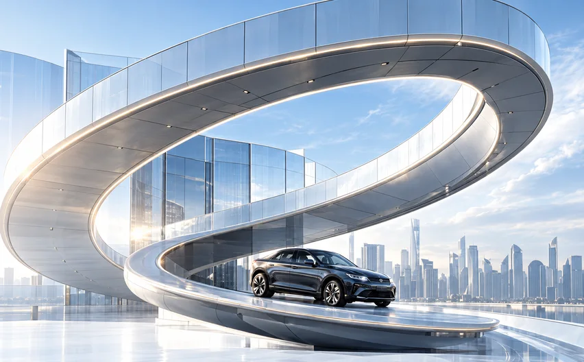 Silver spiral road in a glass environment — the selected agentic AI visual
