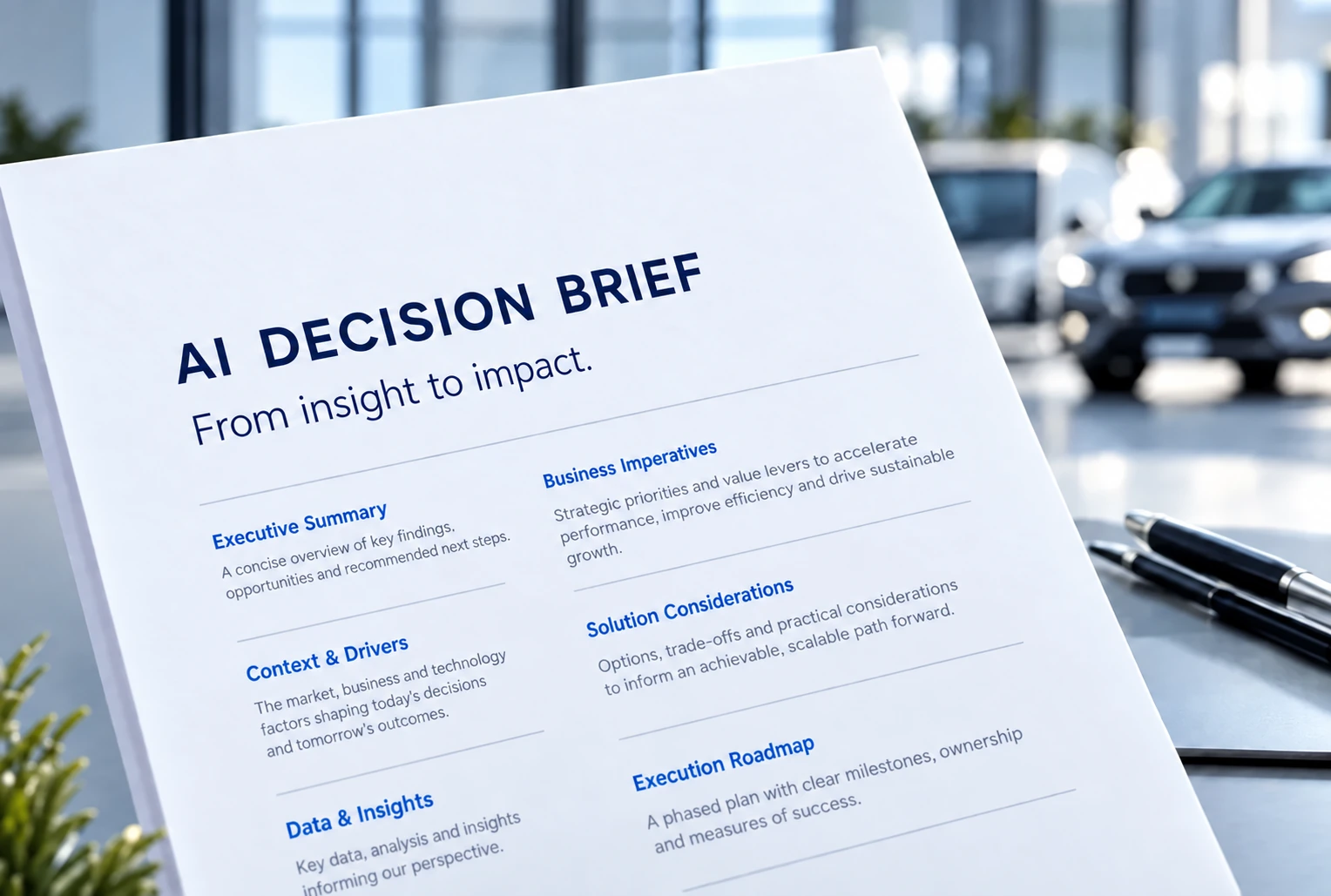 A close-up of a decision brief, distinct from the executive engagement scene.